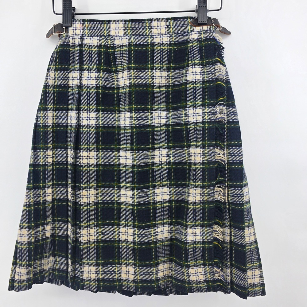 Vintage Steerdo Plaid Wool Blend Kilt Skirt Green Blue Made in England Size 10